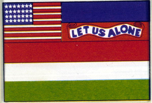 Flag from 1845. Blue, red, white & green stripes with words 