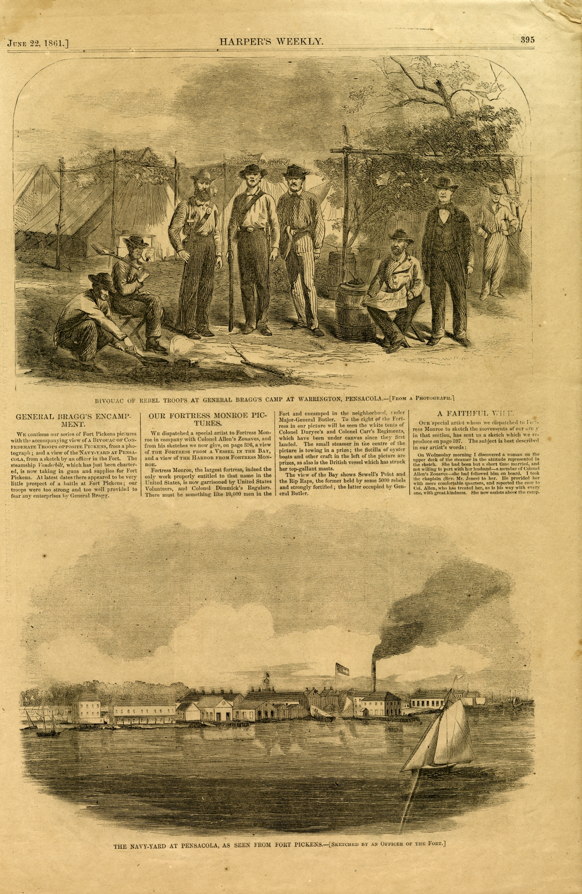 Harper’s Weekly print of war scenes in Pensacola, 1861. Confederate soldiers in camp (top) and Navy yard (bottom).