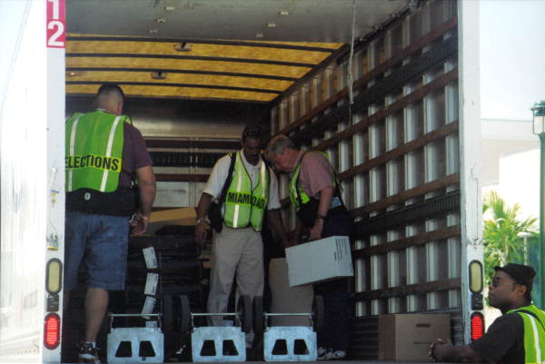 Elections workers in a truck
