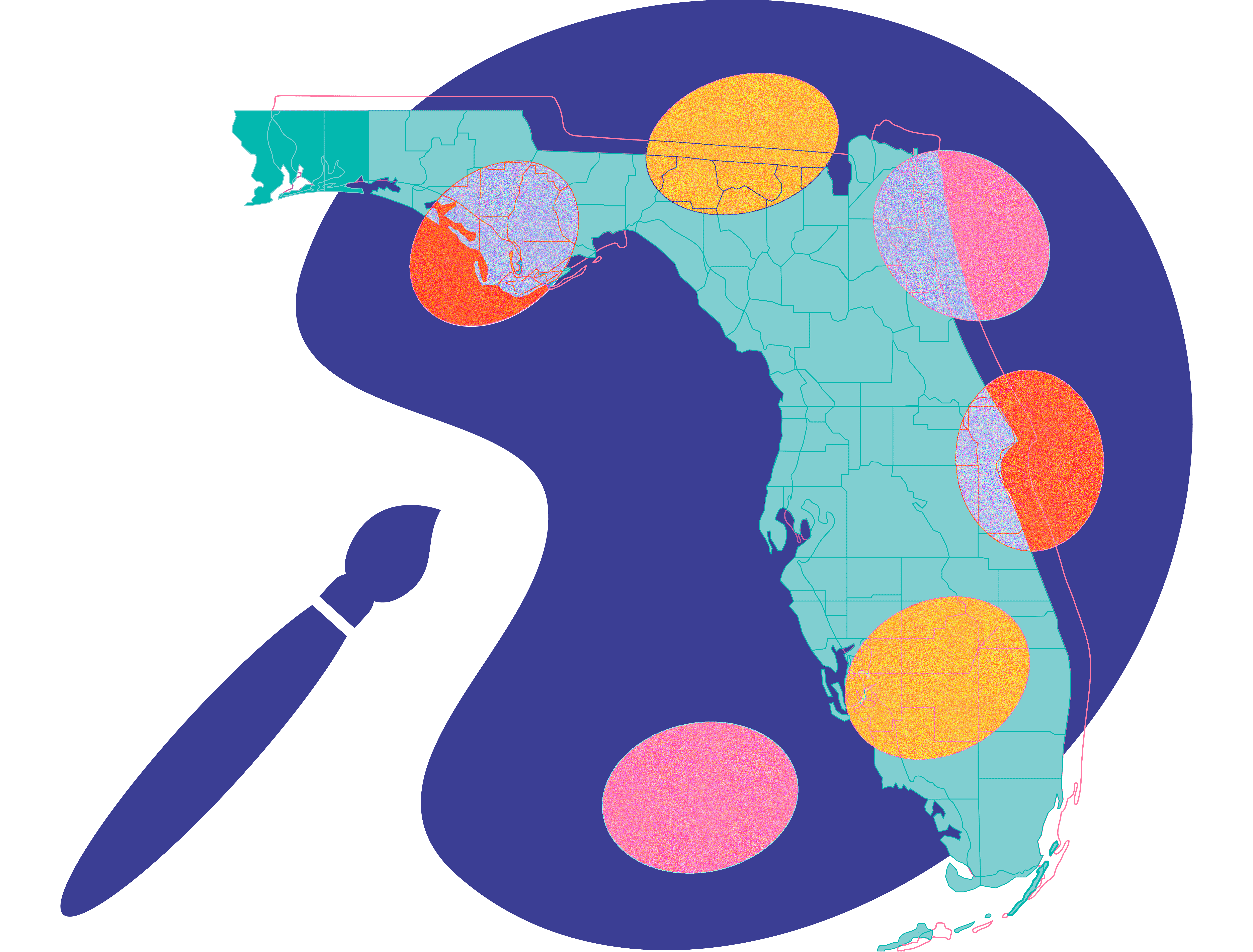 Art palette with the shape of Florida in the middle