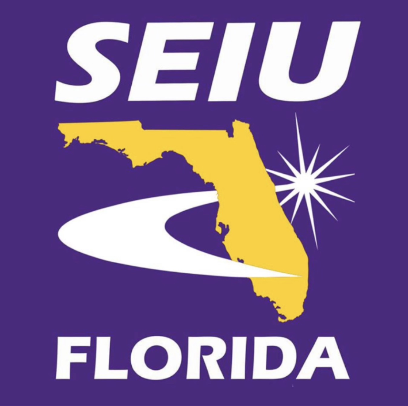 Logo for SEIU Florida. Purple background with yellow Florida shape in middle.