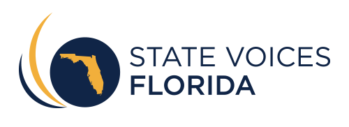 Logo. Features shape of Florida and blue circle.