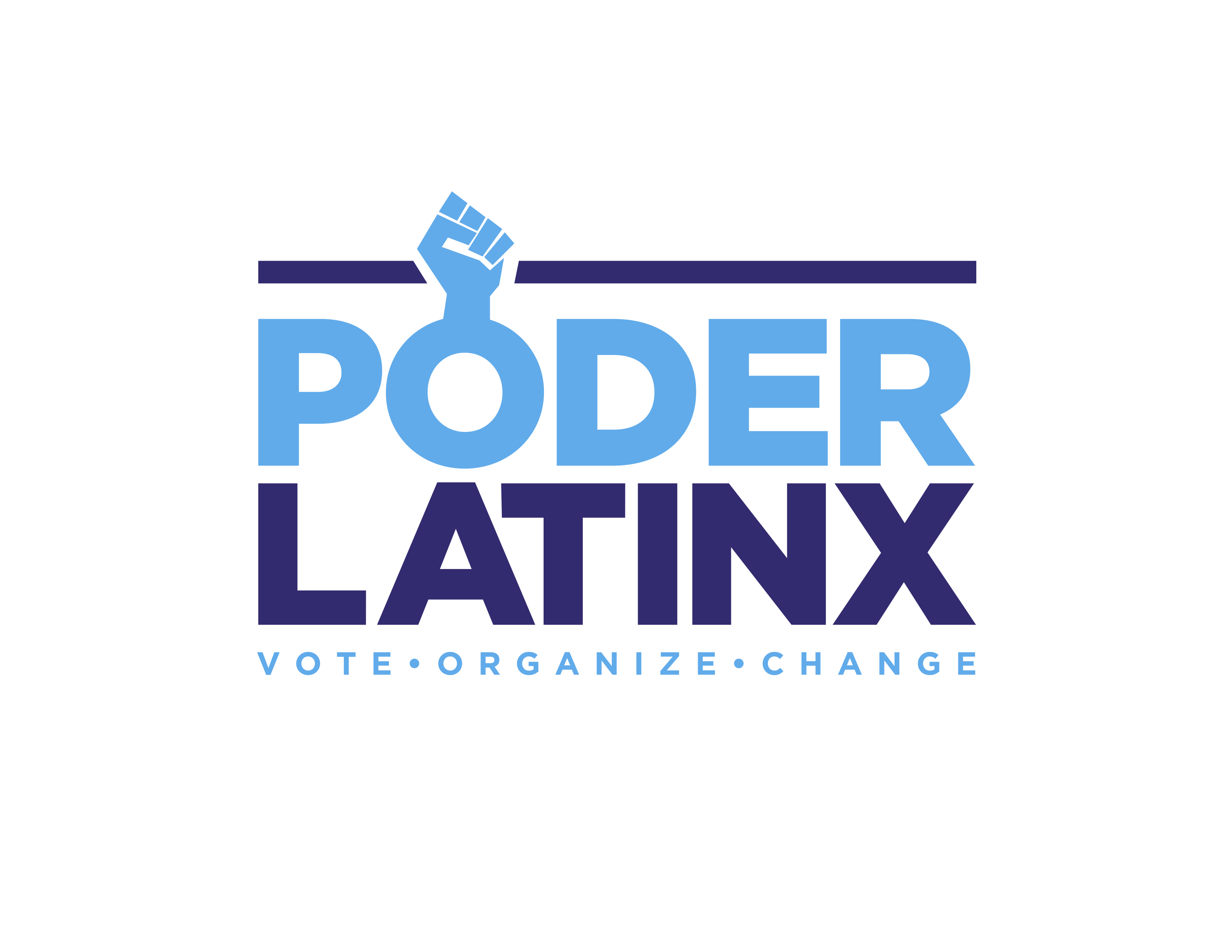 Poder Latinx logo-light blue words with a fist of solidarity and tagline 