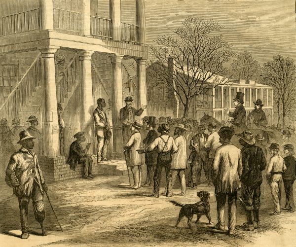 Newspaper drawing of a free Black man being sold to pay a fine in Monticello, FL