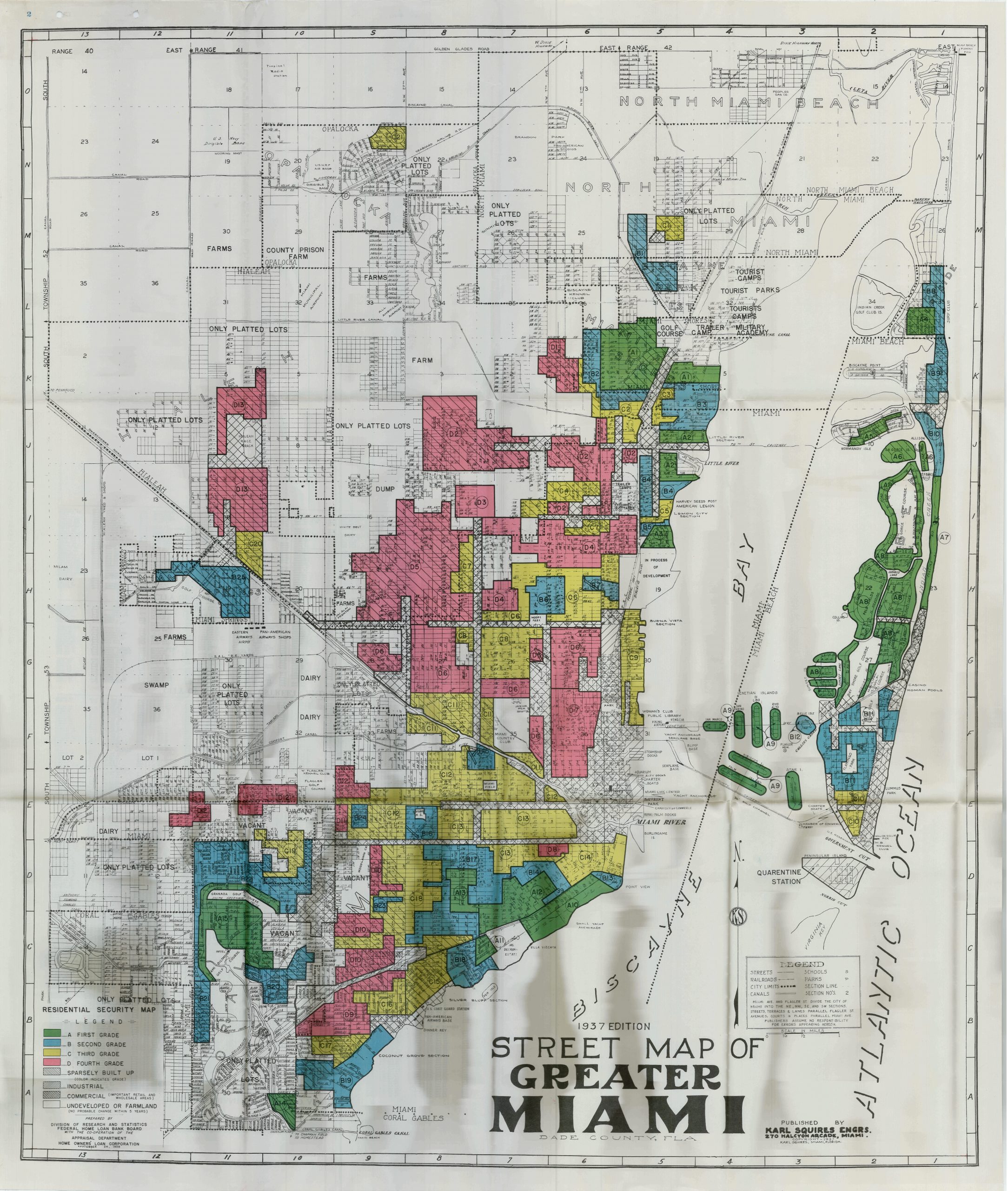Redlining map of the federal Home Owners’ Loan Corporation of Miami in the 1930s