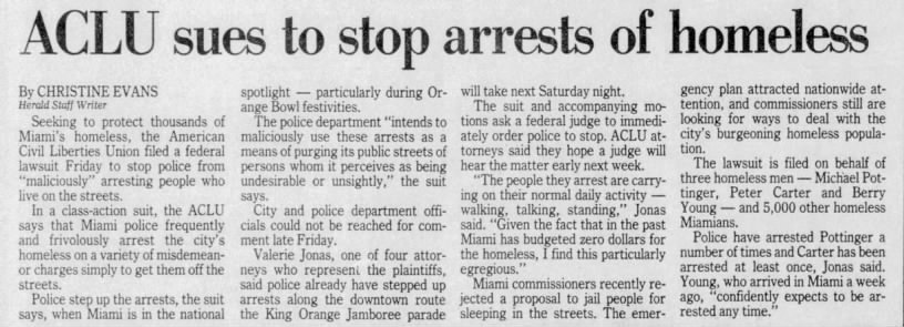 Newspaper article with the headline: “ACLU sues to stop arrests of homeless,” December 1988