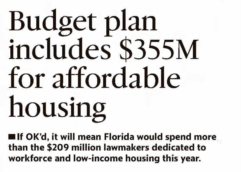 Newspaper article from December 2021 with the headline: “Budget plan includes $355M for affordable housing”
